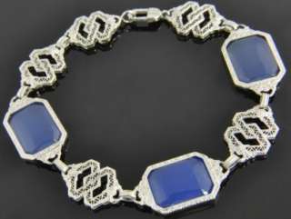   Estate 10K White Gold Blue Chalcedony Art Deco Filigree Link Bracelet