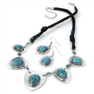  Turquoise Style Black Cotton Cord Necklace & Drop Earring 