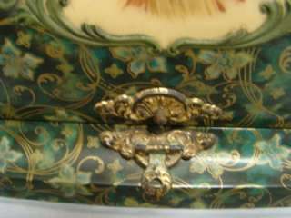 Vintage Floral Design Green & Cream Celluloid Hinged Trinket Box 