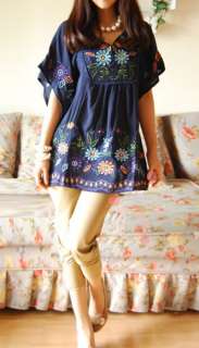 Vtg 70s Dark Blue Floral Embroidered MEXICAN BOHO dress MINI TOP 