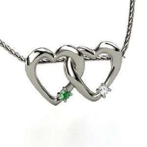 Two Linked Hearts Pendant, 14K White Gold Necklace with White Sapphire 