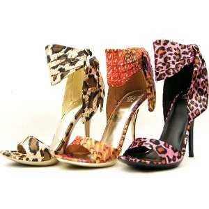 High Heel Ankle Wrap Womens Sandals, Shoes, Gold Cheetah Satin 9US 