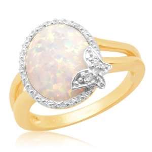   Gold Oval Created Opal Center with Diamonds Ring, Size 5 Jewelry