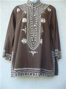 VTG EMBROIDERED TUNIC TOP Blouse Boho Hippie Ethnic L Chocolate Brown 
