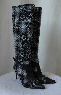 CHANEL Boucle Tweed Tall Camellia Cap Toe Boots 8/38  