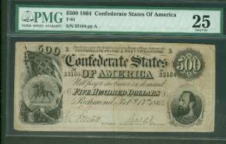 1864, T64, $500.00 CSA Note, PMG Grade 25VF  