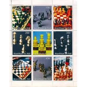  Chess Stamps Art of Chess Pieces 9 Stamp Sheet from Mali 