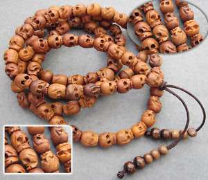 Wood Carved Skull Beads Buddhist Prayer Necklace Mala  