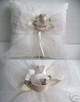 IVORY Organza Bow & Rose Flower Ring Bearer Pillow  