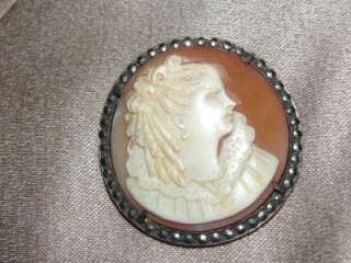 ANTIQUE VICTORIAN CARVED SHELL CAMEO WITH MARCASITE FRAME STERLING PIN 