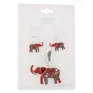 Fashion Jewelry ~ Red Elephant Pendant and Earrings Set  