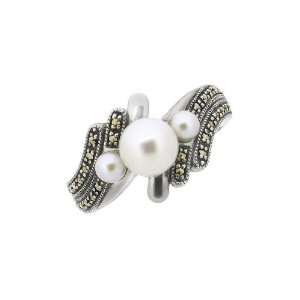   Sterling Silver Chinese Fresh Water Pearl & Marcasite Ring Jewelry