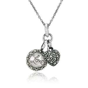  Silver Marcasite Love Disc and Heart Charm Pendant, 18 Jewelry