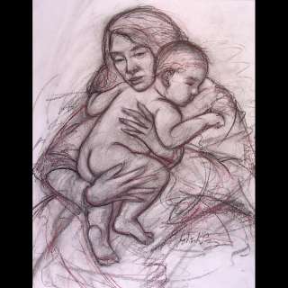   Cruz w Sig   Large Charcoal Drawing Mother Holding Baby Framed w Sig