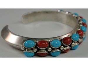 Native American Sterling Turquoise & Coral Bracelet  