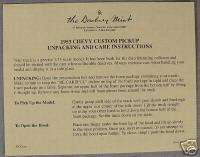 Danbury Mint 1953 Chevy Pickup Unpacking Instructions  