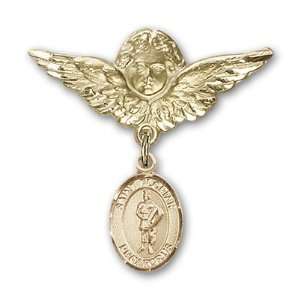 14kt Gold Baby Badge with St. Florian Charm and Angel w/Wings Badge 