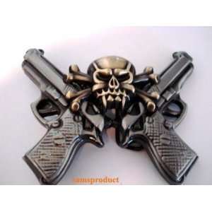  2 Guns and Cross Bone Skull Pewter Color Belt Buckle 
