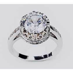 14k White Gold Overlay Crown CZ Solitaire Ring  