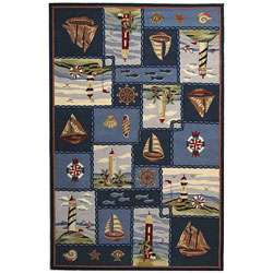 Hand hooked Nautical Blue Wool Rug (53 x 83)  