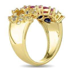 Yellow Silver Multi colored Sapphire Flower Ring  