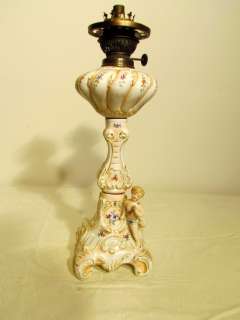 Antique European Miniature Porcelain Figural Oil Lamp,  