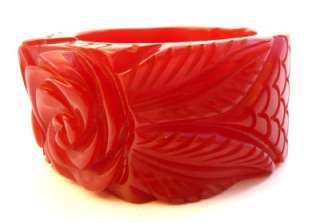   1930s Thick & Chunky Heavily Carved Cherry Red BAKELITE Roses BRACELET
