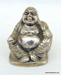 Vintage Antique Silver Laughing Buddha Statue Figure  