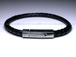 Mens Cow Leather Black 316L Stainless Steel Bracelet N  