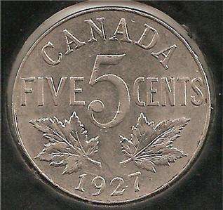 1927 VF XF Canadian Five Cents #2  