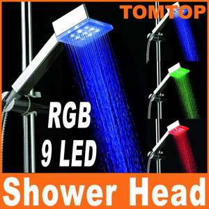 Square 7 Color Changing 9 LED Shower Head Bathroom  