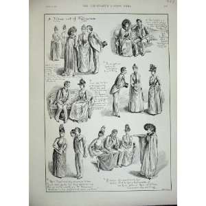    1889 Antique Sketches Men Women Romance Story Print