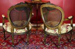 Pair French Woven Cane Back Louis XV Lounge Chairs  