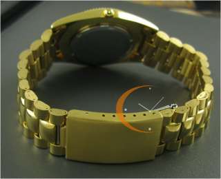   Mens Gold Watch Diamonds Dial Date/Week Stainless Steel Quartz  