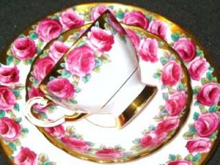  Trio HVY GOLD GILT PAINTED PINK ROSES Tea Cup and Saucer  