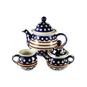   Polish Pottery Stars & Stripes Three Piece Tea Set