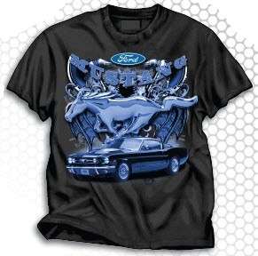 Ford Mustang Blue Pony T Shirt with Car and Logo Black with Blue 