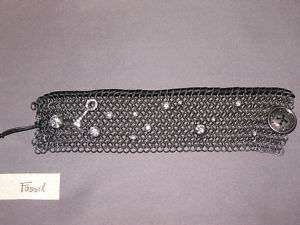 NWT Fossil Gunmetal Mesh Rhinestone Key Leather Bracelet  RT$48  