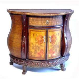 Hand Painted Floral Designs Wood Rattan Half Round Hall Storage Table 