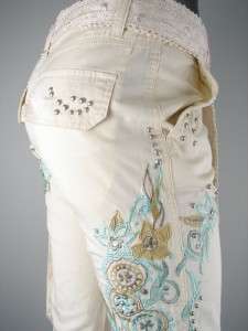 49 Venus Embroidered Tie Leg Capri Cargo Pants Lace & Stud Detail 