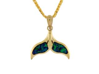 14K GOLD SOLID BLUE GREEN OPAL WHALE TAIL PENDANT  