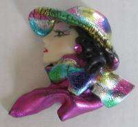   1980s Handcrafted Womens Ladies Face Brooch Pin Mime Muse Flapper Gems