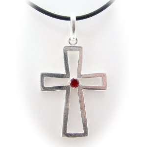  Sterling Silver Cross Red CZ Pendant Rubber Cord Necklace 