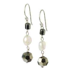   White Freshwater Cultured Pearl and Glass Beads Drop Earrings Jewelry
