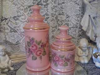 VTG Paric chic set 2 pink glass apothecary jars w lids tole painted 