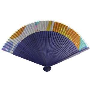     Printed Fabric   Perforated Blue Tint Wood Hand Held Folding Fan