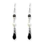   Gift Sterling Silver Onyx & Cultured Pearl Marcasite Dangle Earrings