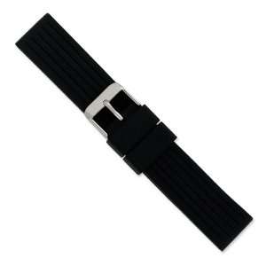  Blk Striped Silicone Rubber Slvr tone Bkle Watch Band Size 22 Jewelry