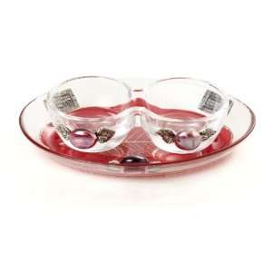  Glass Shabbat Candlesticks with Red Leaf and Plaques