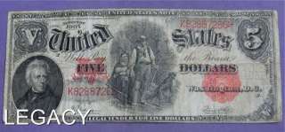 1907 $5.00 UNITED STATES LARGE NOTE WOOD CHOPPER (OS+  
